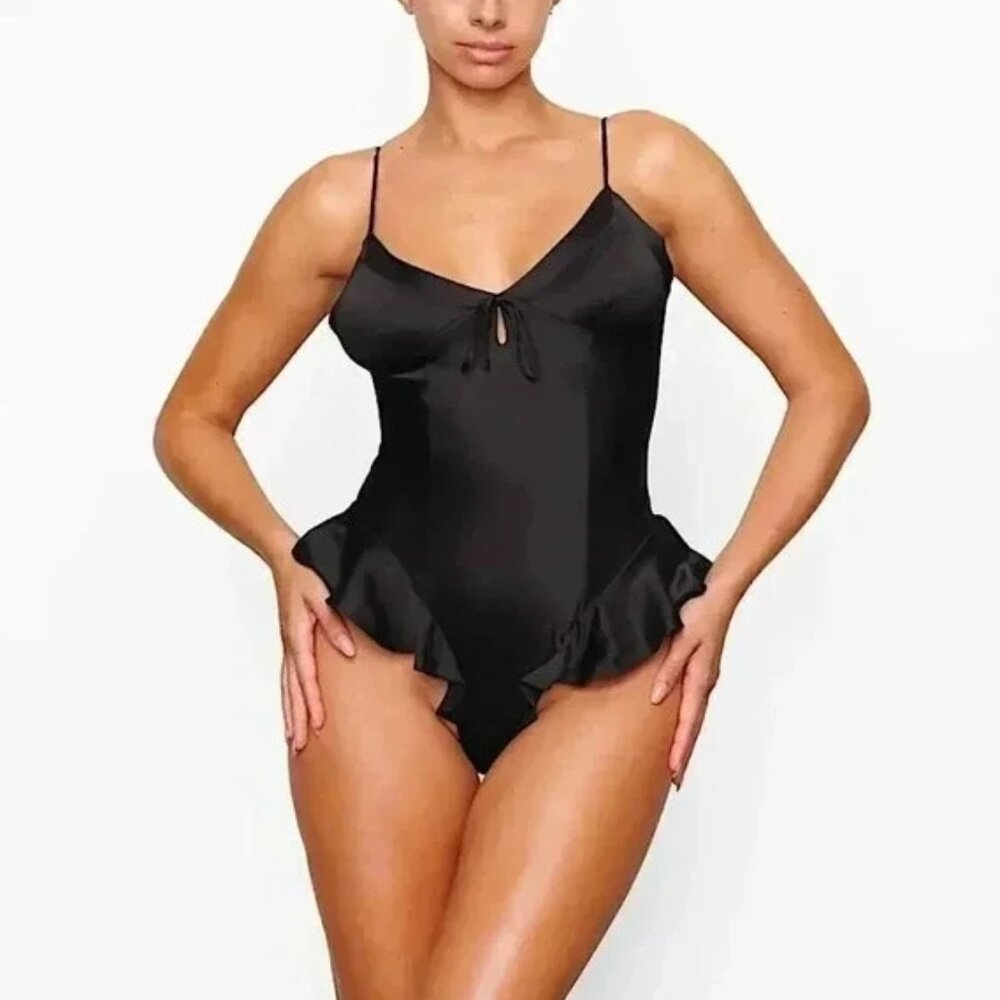 NWT SKIMS Stretch Silk Teddy Size Large Black